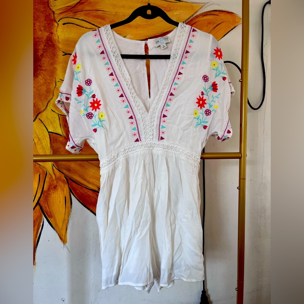 White Embroidered Short Sleeve Jumpsuit